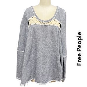 ❄️ FREE PEOPLE ‘Lacey Love’ long sleeve laced front navy striped shirt + size L